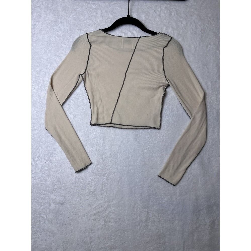 Princess Polly Crop Top Womens 4 Waffle Knit Off White Long Sleeve Black Trim - Picture 8 of 12